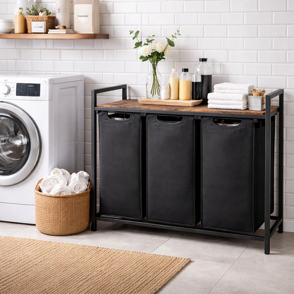 Panier à linge 3 compartiments avec étagère – Tri du linge pratique