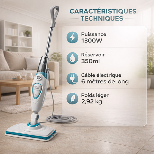 Balai vapeur Black & Decker – 1300W, Nettoyage multi-surfaces