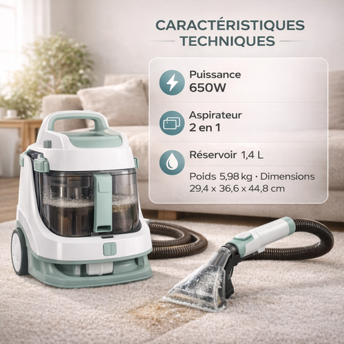 Aspirateur shampouineuse Hkoenig 650W, Réservoir 1,4L