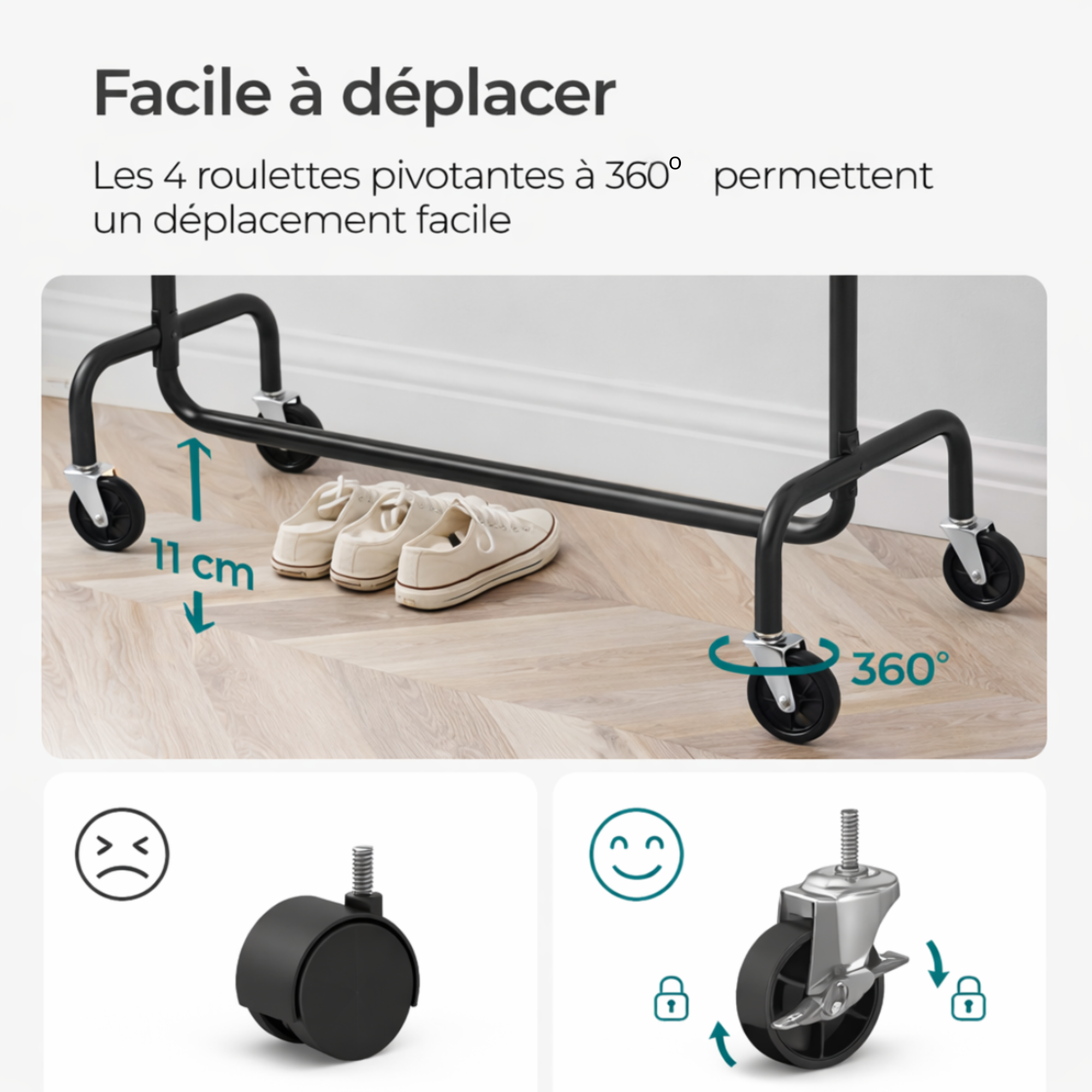 Portant à vêtements mobile en acier inoxydable extensible