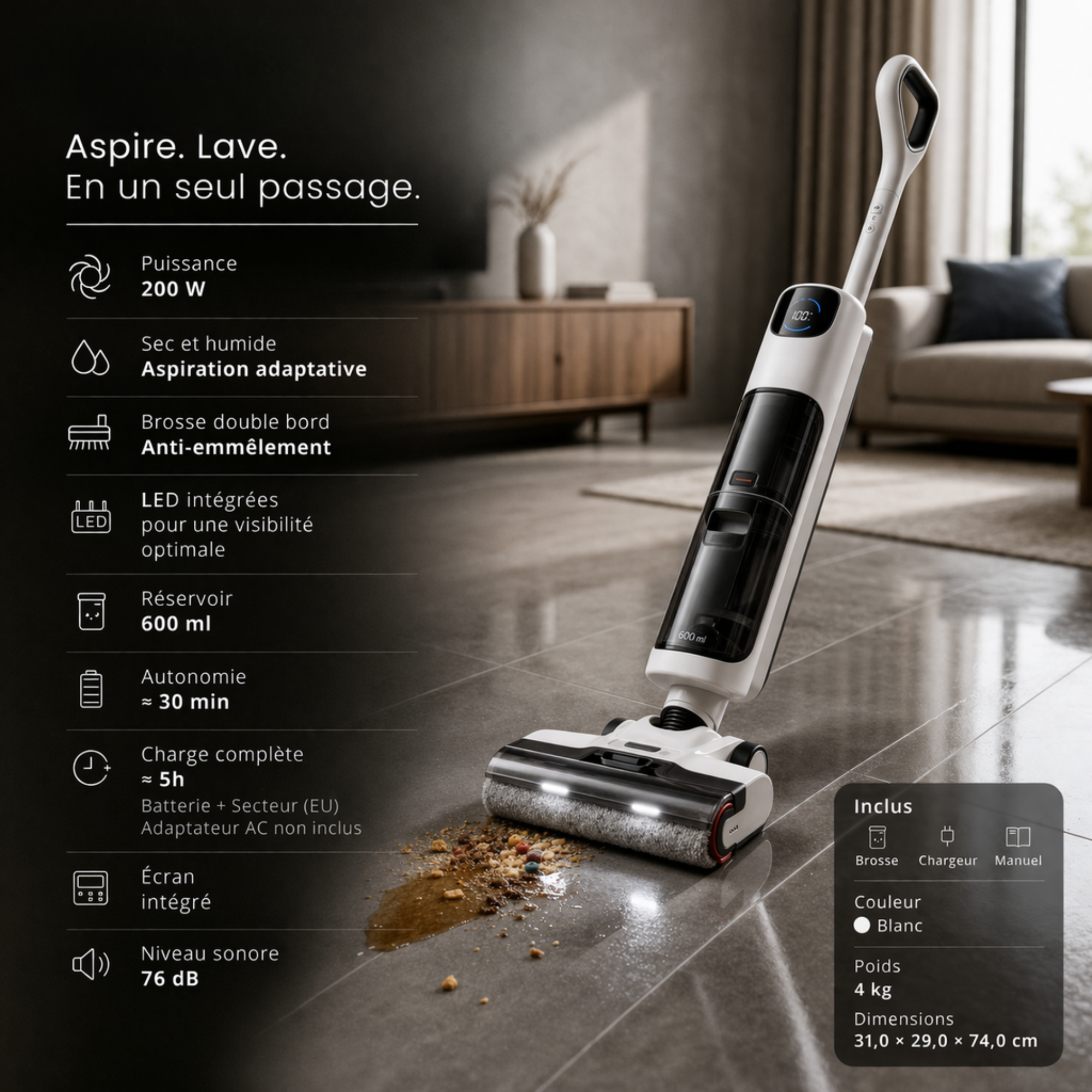 Aspirateur laveur Dreame K20 sans fil