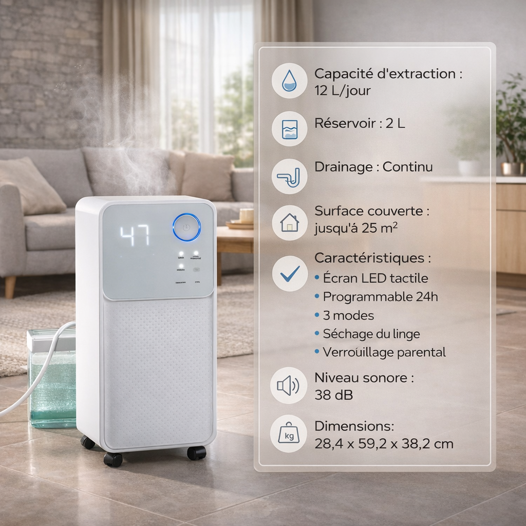 Déshumidificateur Oceanic 12L 38 dB - Pièces 30m²